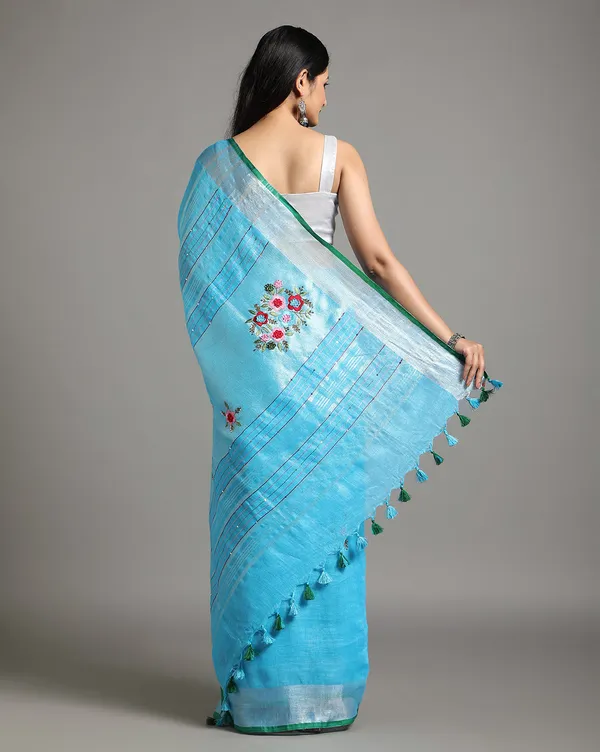 Decorous_Pure_Linen_Floral_Embroidered_Blue_Saree