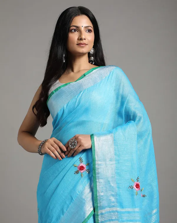 Decorous_Pure_Linen_Floral_Embroidered_Blue_Saree