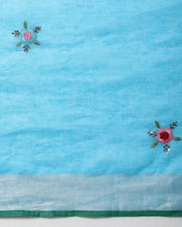 Decorous_Pure_Linen_Floral_Embroidered_Blue_Saree