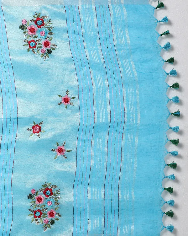 Decorous_Pure_Linen_Floral_Embroidered_Blue_Saree