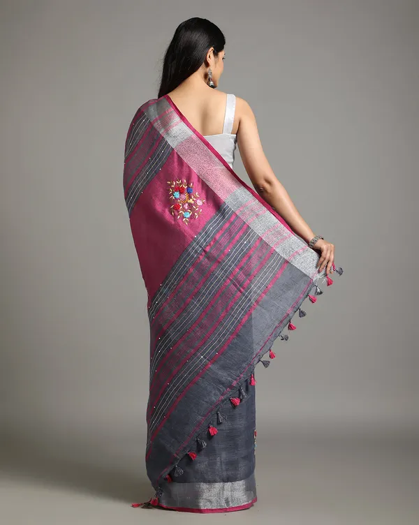 Harmonious_Pure_Linen_Floral_Embroidered_Red_Saree