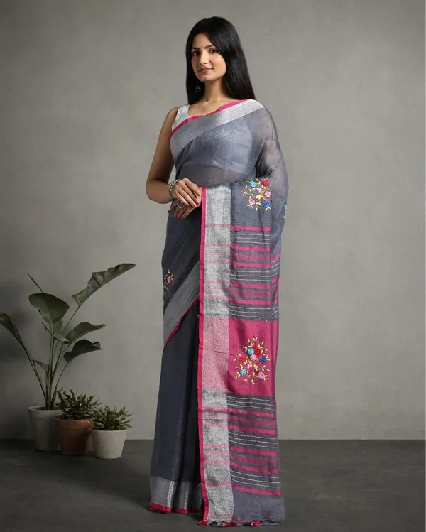 Harmonious_Pure_Linen_Floral_Embroidered_Red_Saree