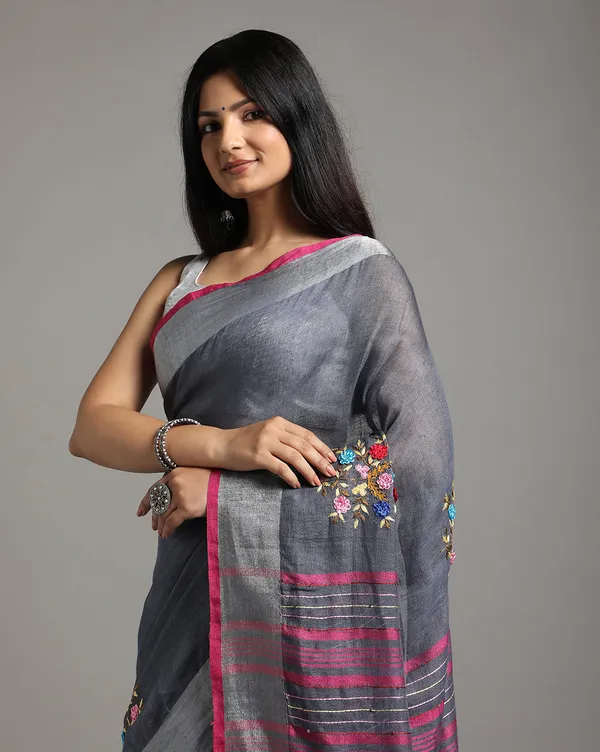 Harmonious_Pure_Linen_Floral_Embroidered_Red_Saree