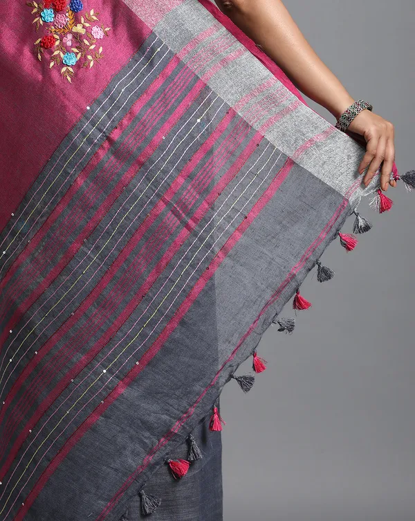 Harmonious_Pure_Linen_Floral_Embroidered_Red_Saree