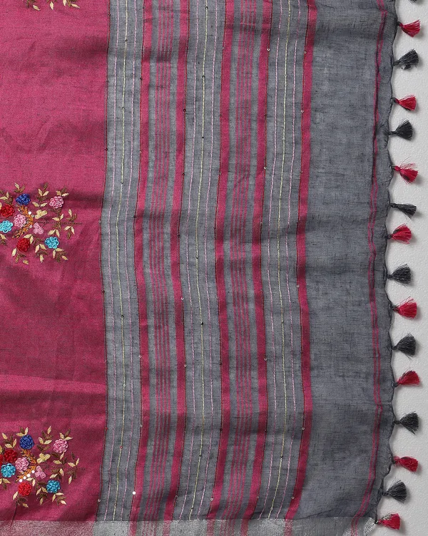 Harmonious_Pure_Linen_Floral_Embroidered_Red_Saree