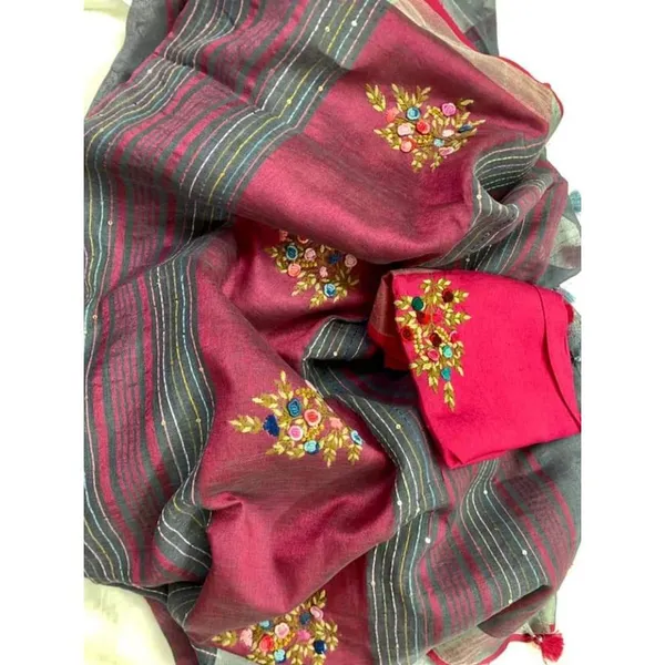 Harmonious_Pure_Linen_Floral_Embroidered_Red_Saree