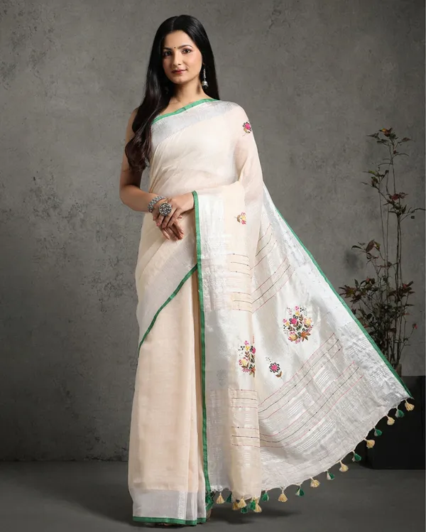 Beautiful_Pure_Linen_Floral_Embroidered_Biege_Saree