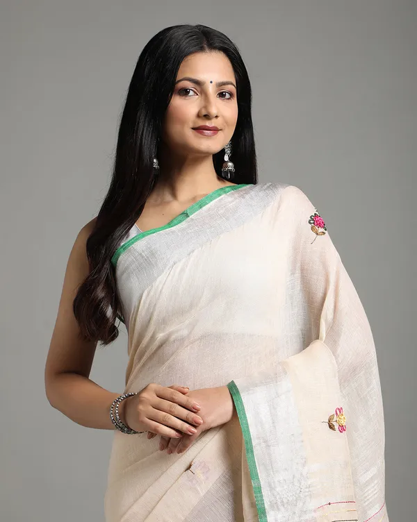 Beautiful_Pure_Linen_Floral_Embroidered_Biege_Saree