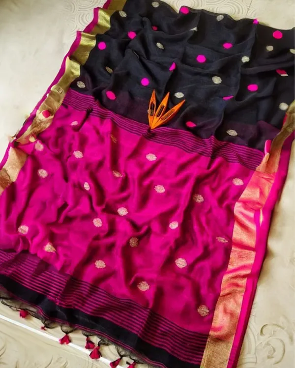 Pure_Linen_Jacquard_Handloom_Black_&_Pink_Saree