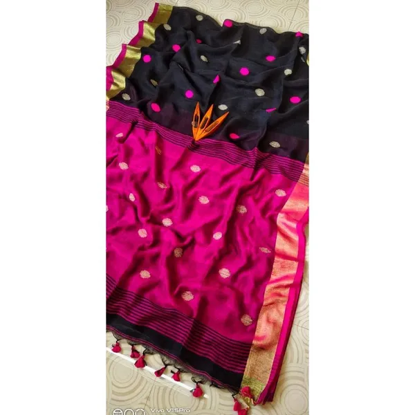 Pure_Linen_Jacquard_Handloom_Black_&_Pink_Saree