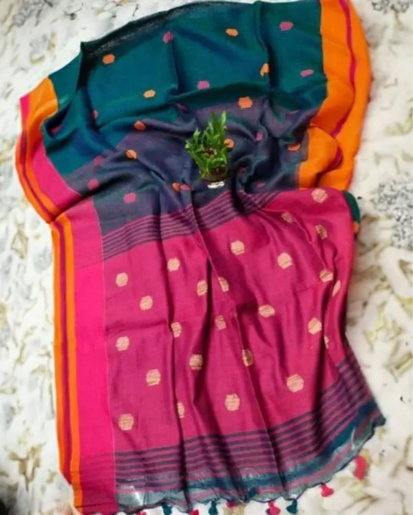 Pure_Linen_Jacquard_Handloom_Green_&_Pink_Saree