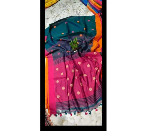 Pure_Linen_Jacquard_Handloom_Green_&_Pink_Saree