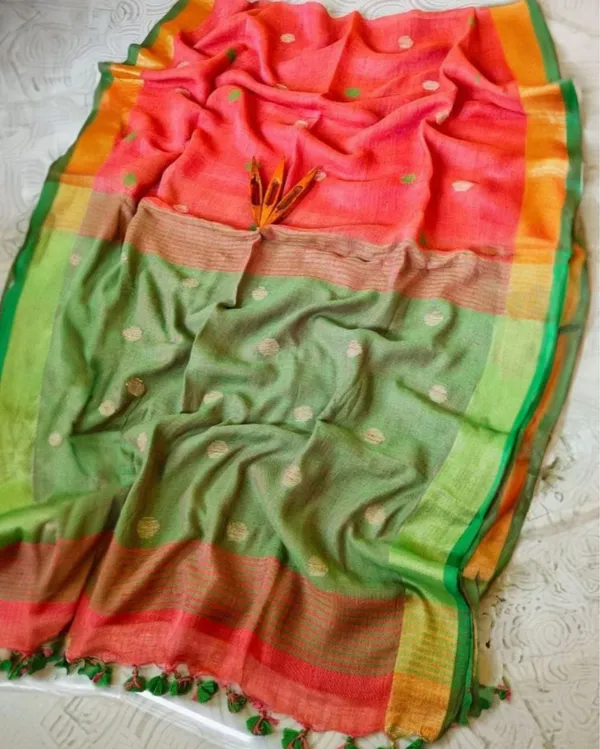 Pure_Linen_Jacquard_Handloom_Orange_&_Green_Saree