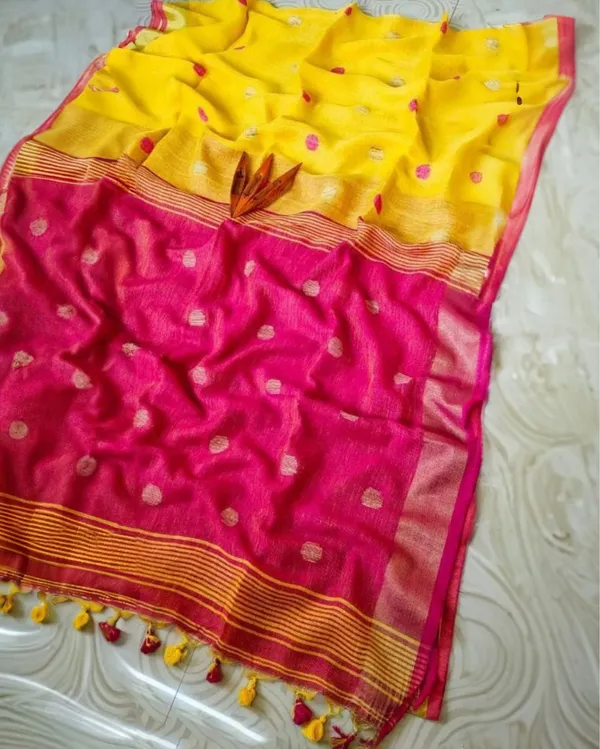 Pure_Linen_Jacquard_Handloom_Yellow_&_Pink_Saree