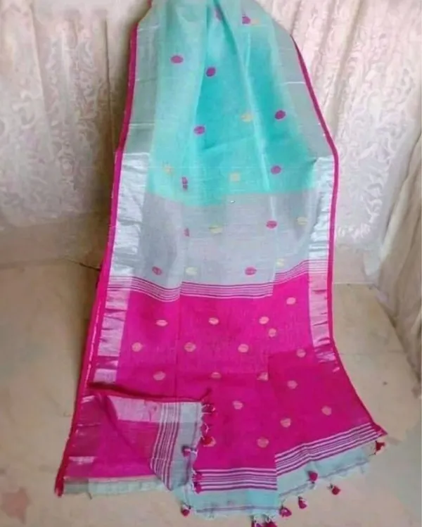 Pure_Linen_Jacquard_Handloom_Sea_Green_&_Pink_Saree