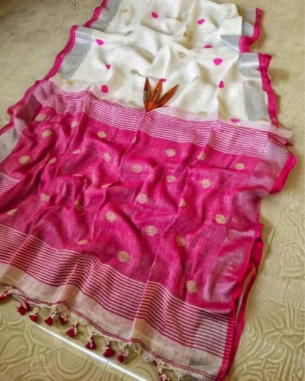 Pure_Linen_Jacquard_Handloom_White_&_Pink_Saree