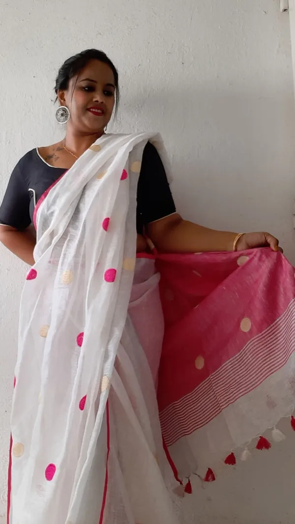 Pure_Linen_Jacquard_Handloom_White_&_Pink_Saree