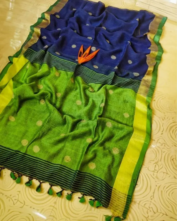 Pure_Linen_Jacquard_Handloom_Blue_&_Green_Saree