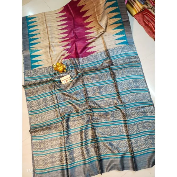Silkmark_Tussar_Tranquil_Madhubani_Biege_&_Blue_Saree