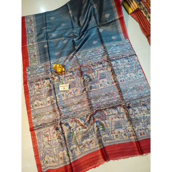 Silkmark_Tussar_Kinetic_Madhubani_Blue_&_Red_Saree