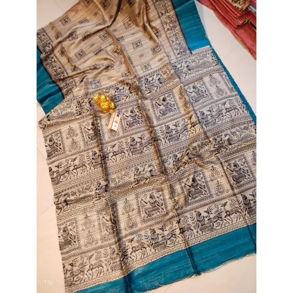 Silkmark_Tussar_Creative_Madhubani_Biege_&_Blue_Saree