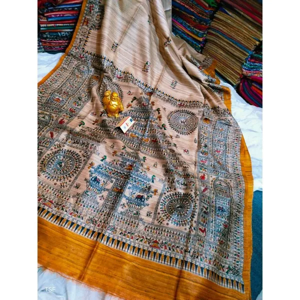 Silkmark_Tussar_Glowing_Madhubani_Biege_&_Yellow_Saree
