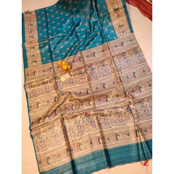 Silkmark_Tussar_Idyllic_Madhubani_Blue_&_Beige_Saree