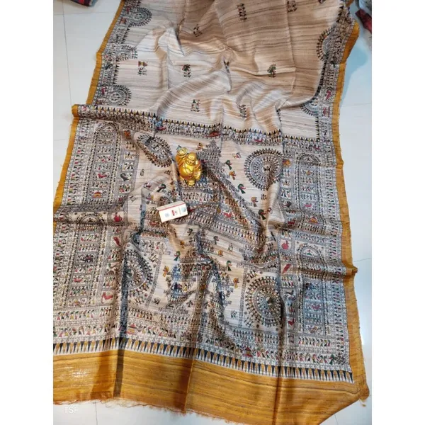 Silkmark_Tussar_Shining_Madhubani_Biege_&_Yellow_Saree