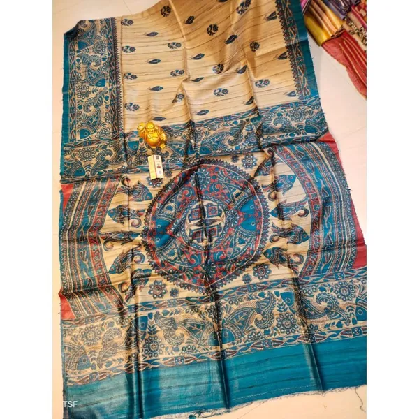 Silkmark_Tussar_Serene_Madhubani_Beige_&_Blue_Saree
