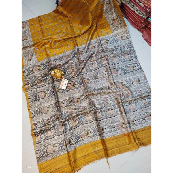 Silkmark_Tussar_Bold_Madhubani_Yellow_&_Beige_Saree