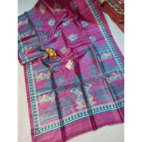 Silkmark_Tussar_Lustrous_Madhubani_Pink_&_Blue_Saree