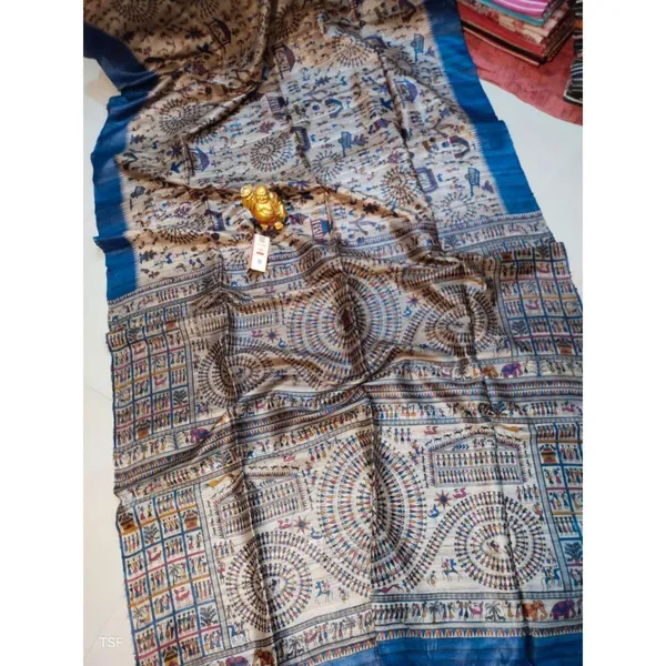 Silkmark_Tussar_Ethereal_Madhubani_Biege_&_Blue_Saree