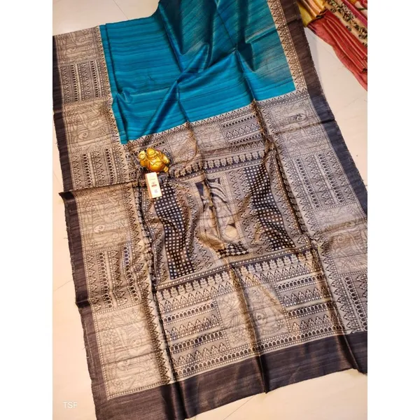 Silkmark_Tussar_Lively_Madhubani_Blue_&_Black_Saree