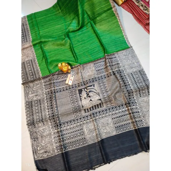 Silkmark_Tussar_Poetic_Madhubani_Green_&_Black_Saree