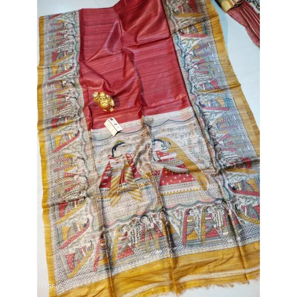 Silkmark_Tussar_Quaint_Madhubani_Red_&_Beige_Saree