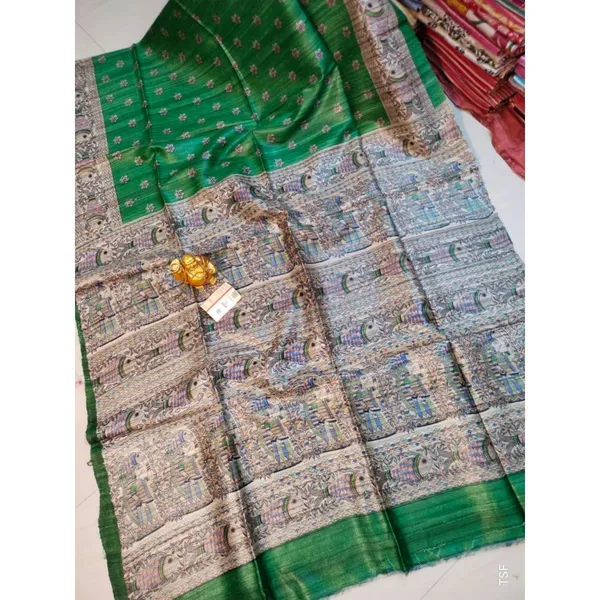 Silkmark_Tussar_Joyful_Madhubani_Green_&_Beige_Saree