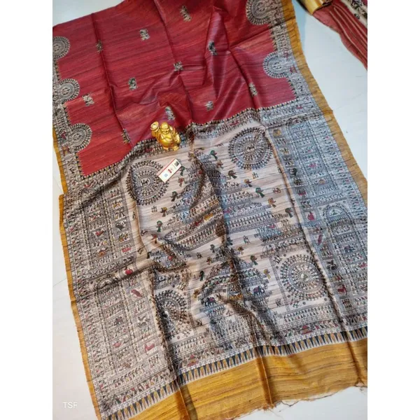 Silkmark_Tussar_Vivid_Madhubani_Red_&_Beige_Saree