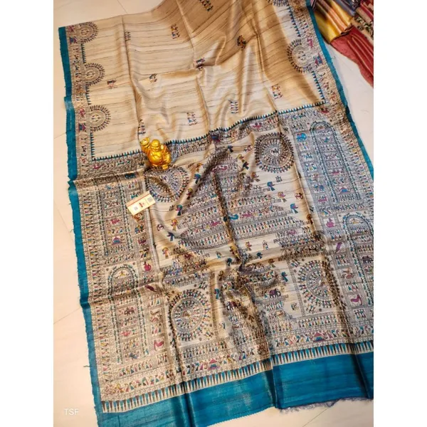 Silkmark_Tussar_Gleaming_Madhubani_Biege_&_Blue_Saree