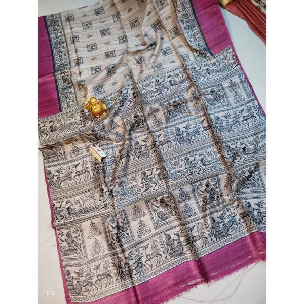 Silkmark_Tussar_Fanciful_Madhubani_Biege_&_Pink_Saree