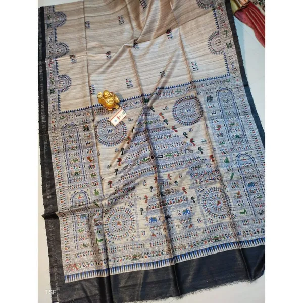 Silkmark_Tussar_Gorgeous_Madhubani_Biege_&_Black_Saree