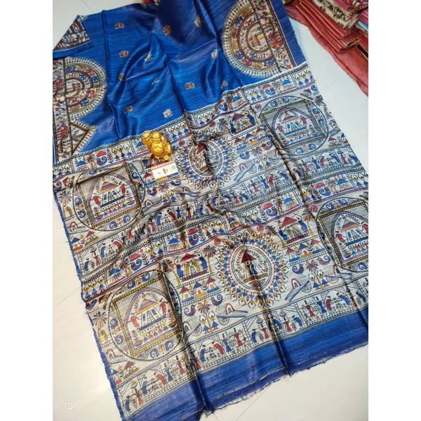 Silkmark_Tussar_Beaming_Madhubani_Blue_&_Beige_Saree