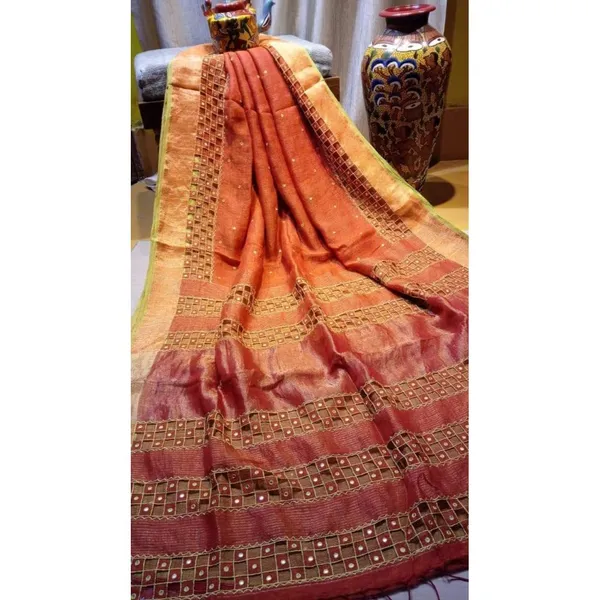 Stimulating_Pure_Linen_Hand_Cutwork_Design_Orange_Saree