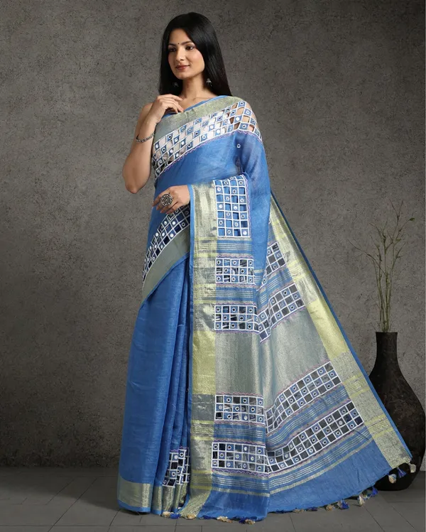 Lively_Pure_Linen_Hand_Cutwork_Design_Blue_Saree