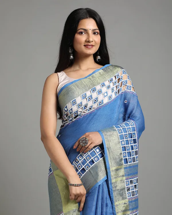 Lively_Pure_Linen_Hand_Cutwork_Design_Blue_Saree