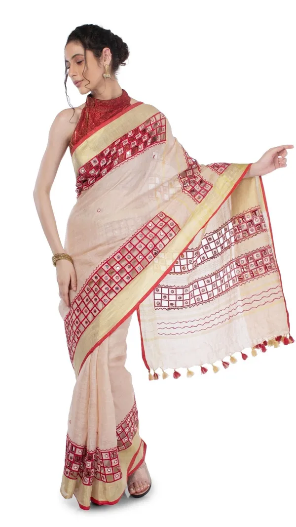 Misty_Pure_Linen_Hand_Cutwork_Design_Red_Saree