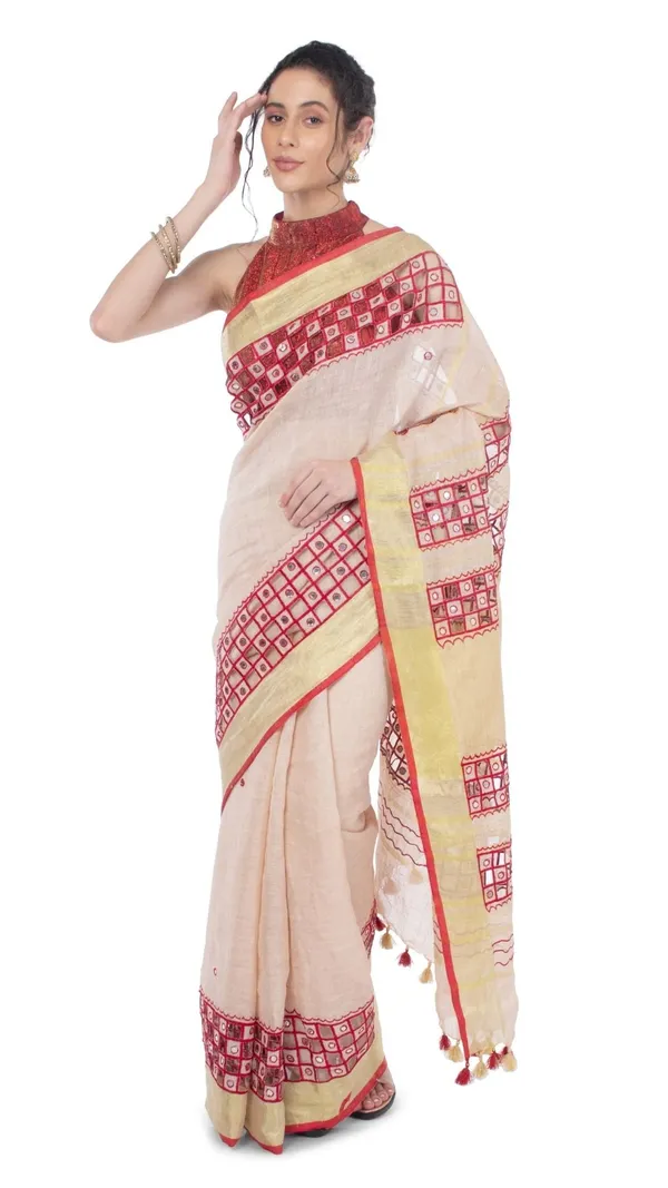 Misty_Pure_Linen_Hand_Cutwork_Design_Red_Saree
