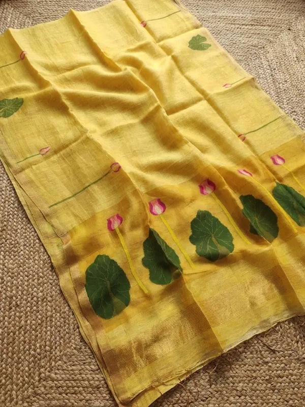 Iraaya_Handloom_Pure_Jayashree_Silk_Linen_Saree_Bright_Yellow