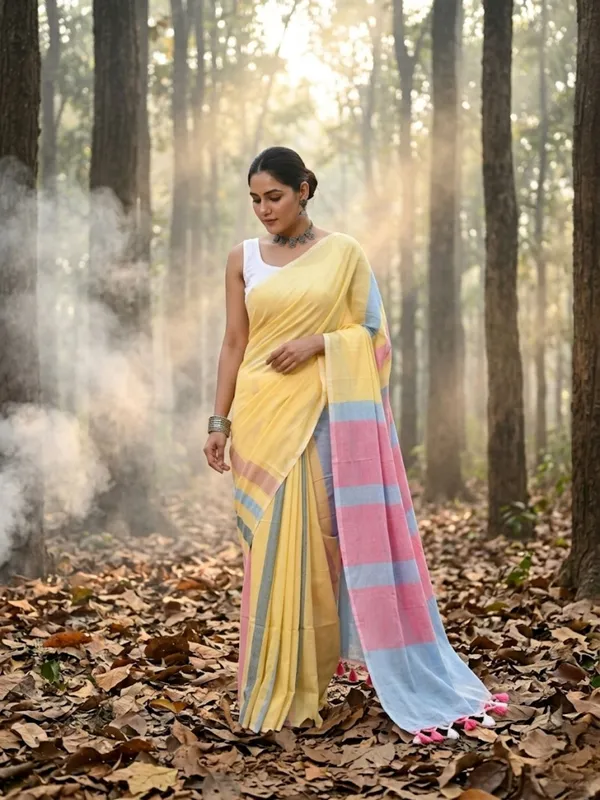 Earthloom_Handdyed_Khadi_Cotton_Saree_Bright_Yellow