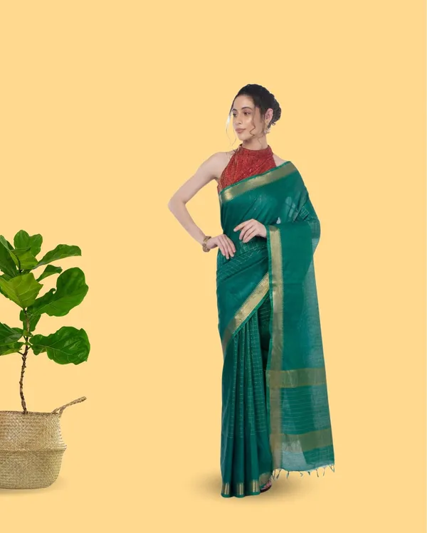 Handcrafted_Kota_Silk_Green_Plain_Saree