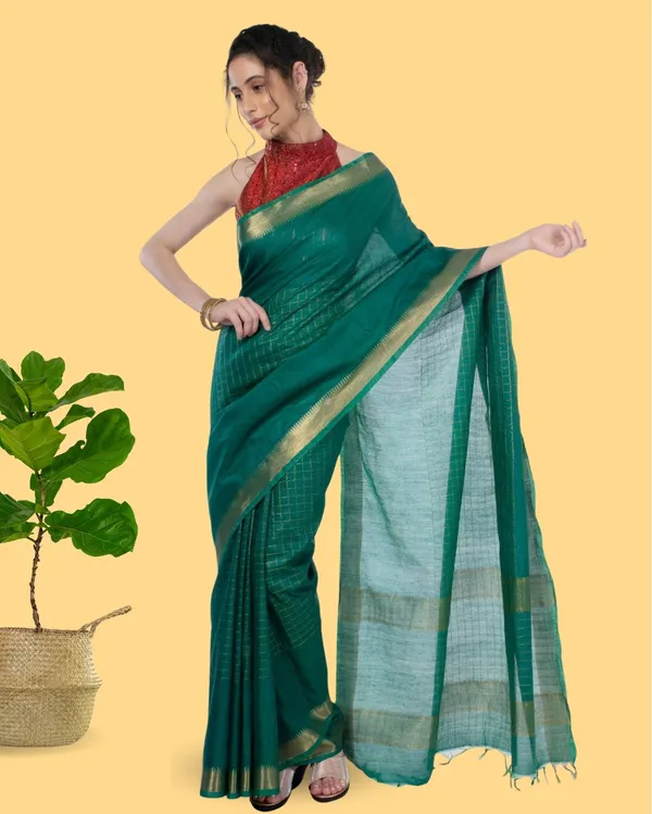 Handcrafted_Kota_Silk_Green_Plain_Saree